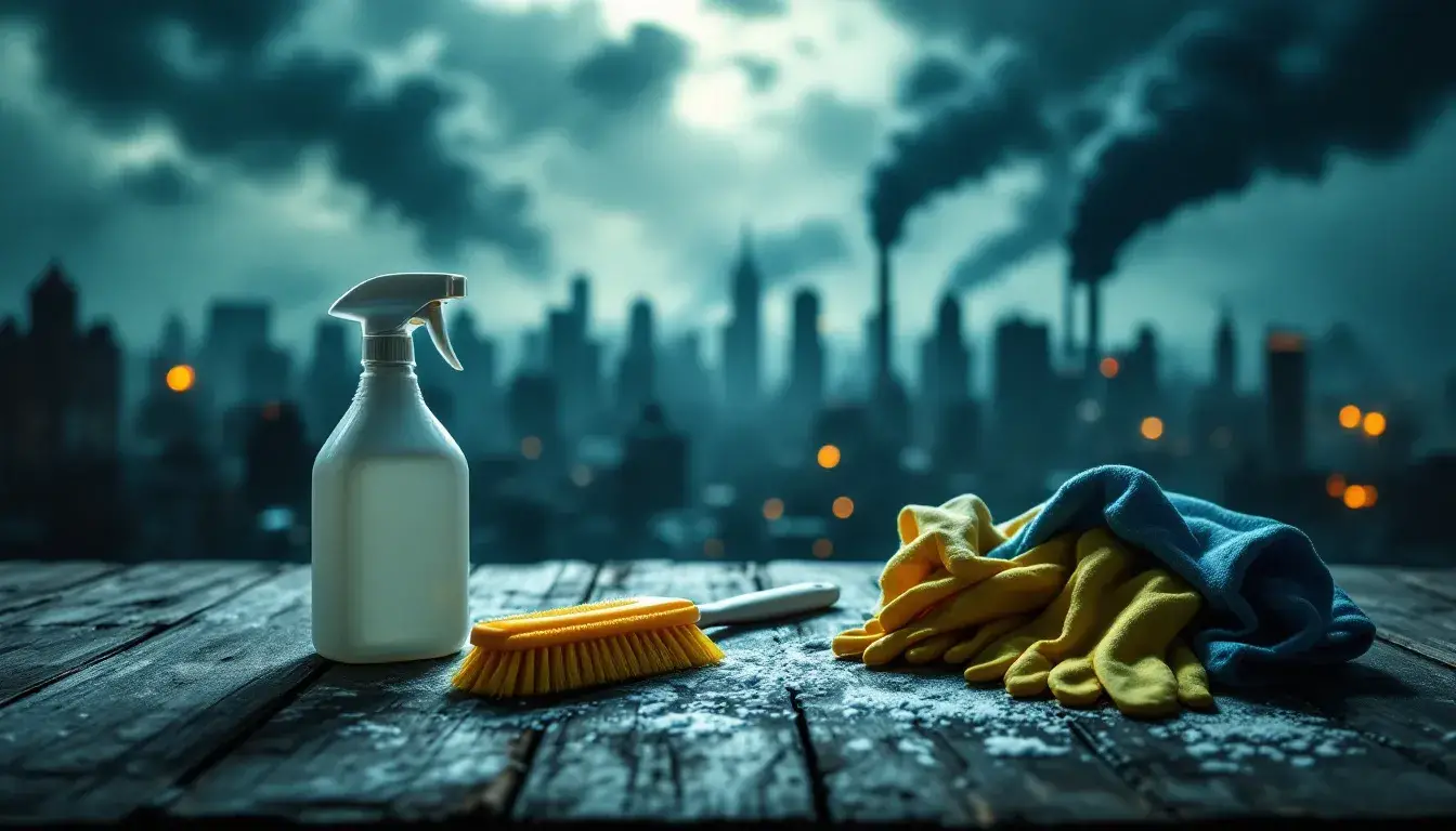 A DIY mold removal kit laid out on a table, showcasing various cleaning supplies.