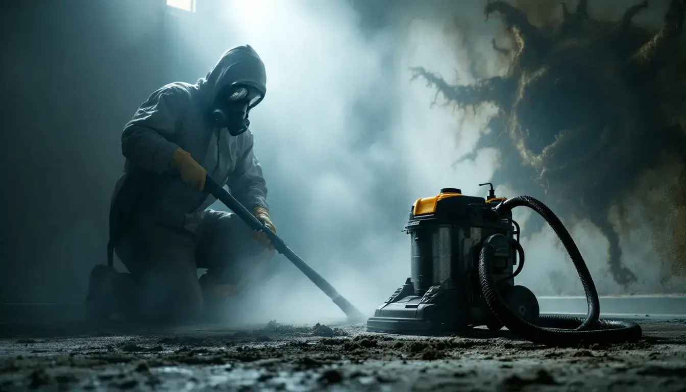 A professional carpet cleaner using equipment to remove mold from a carpet.