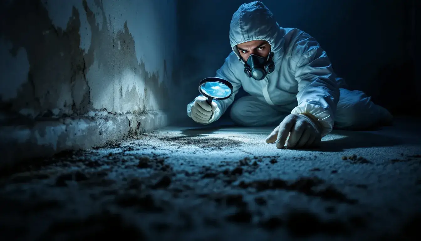 A person inspecting a carpet for signs of mold growth.