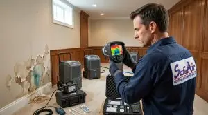 Mold inspector scanning drywall